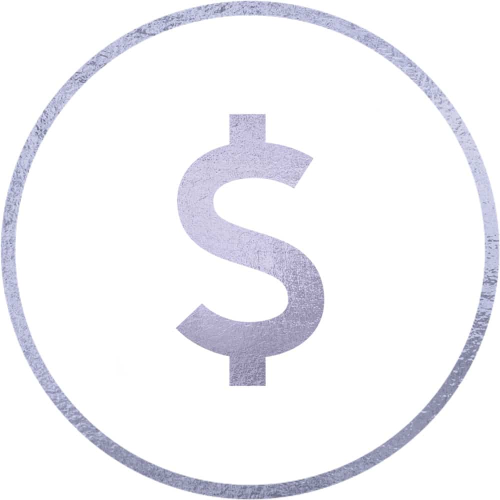 A silver dollar sign in the middle of a circle.