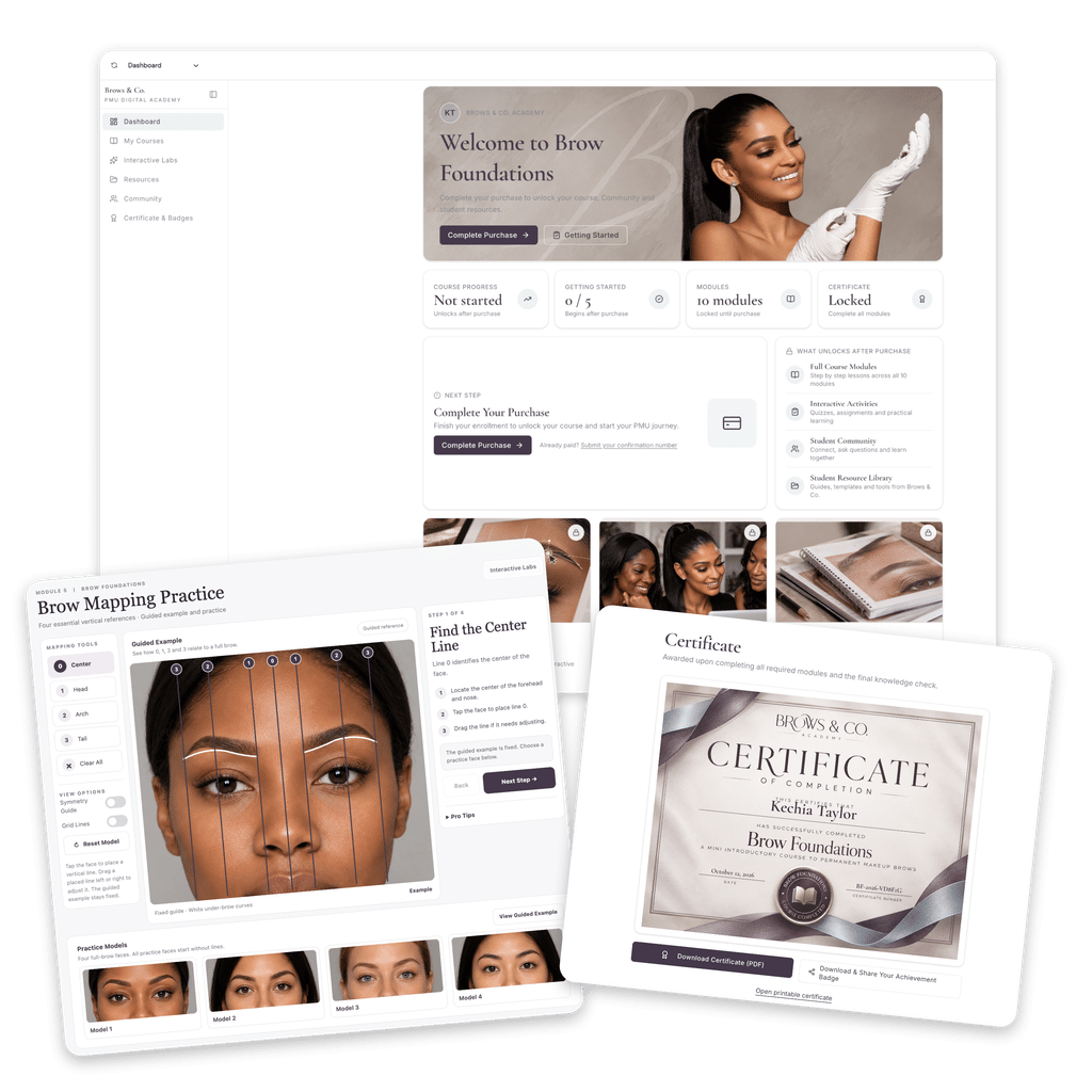 Brows & Co. Academy Brow Foundations online PMU course featuring an interactive brow mapping practice lab, student dashboard, and certificate of completion.